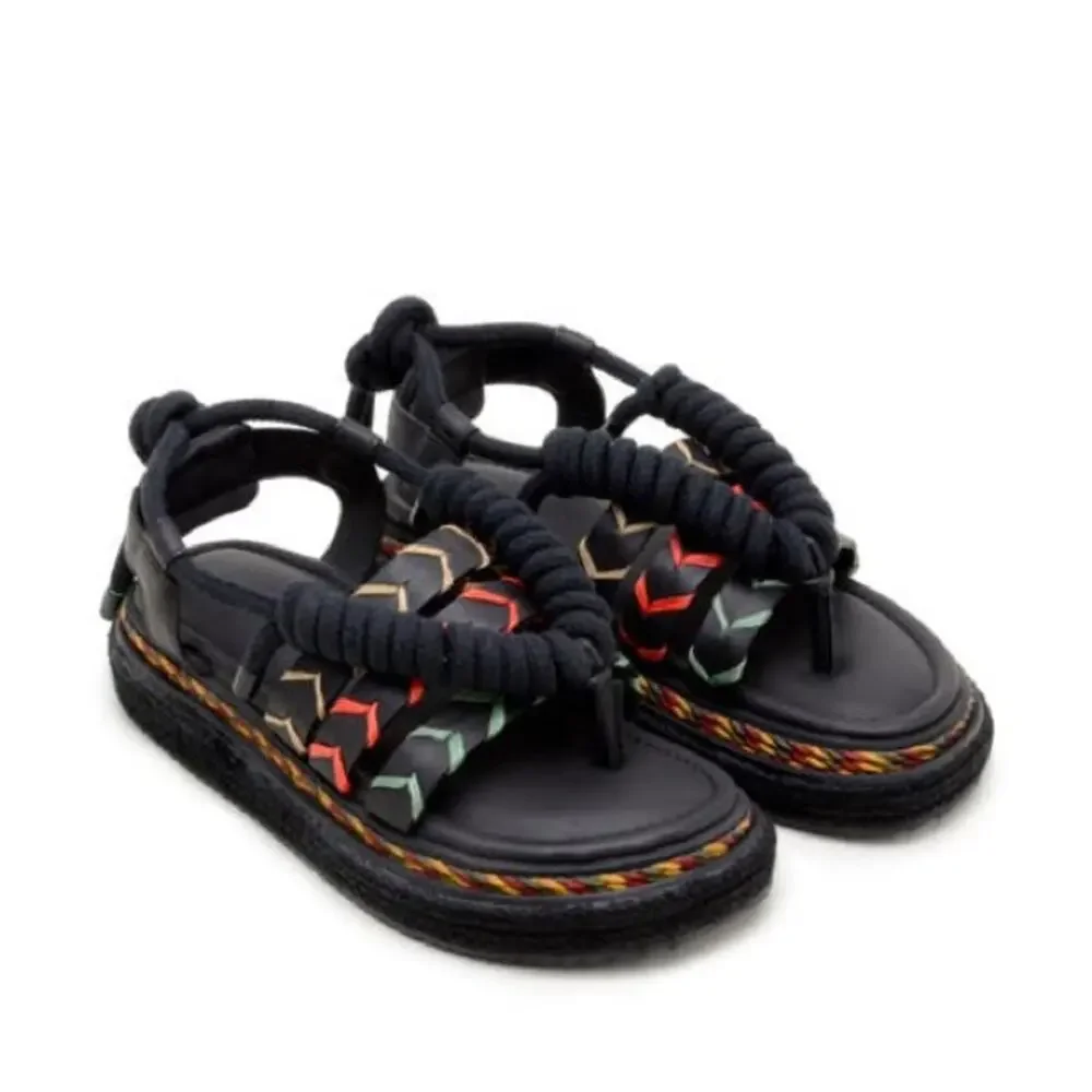 Farm Rio Black Rope Tie Flatform Sandals Women Size 8